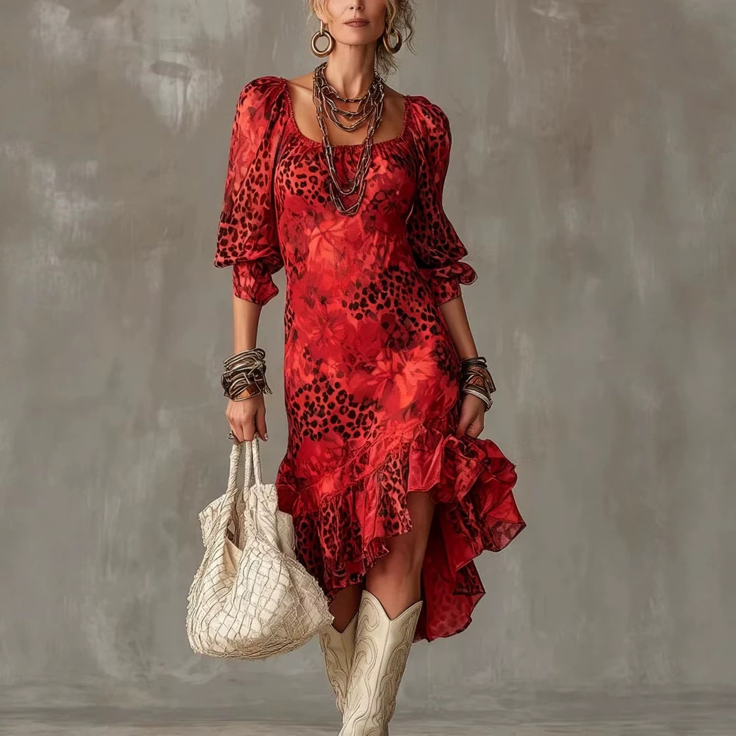 Retro-print Pleated Sheath Elegant Dress For Women