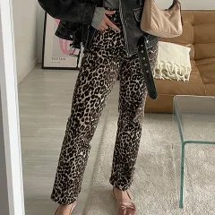 Leopard Print High Waist Straight Pants Retro Smart Trousers Women - Leopard - View 1