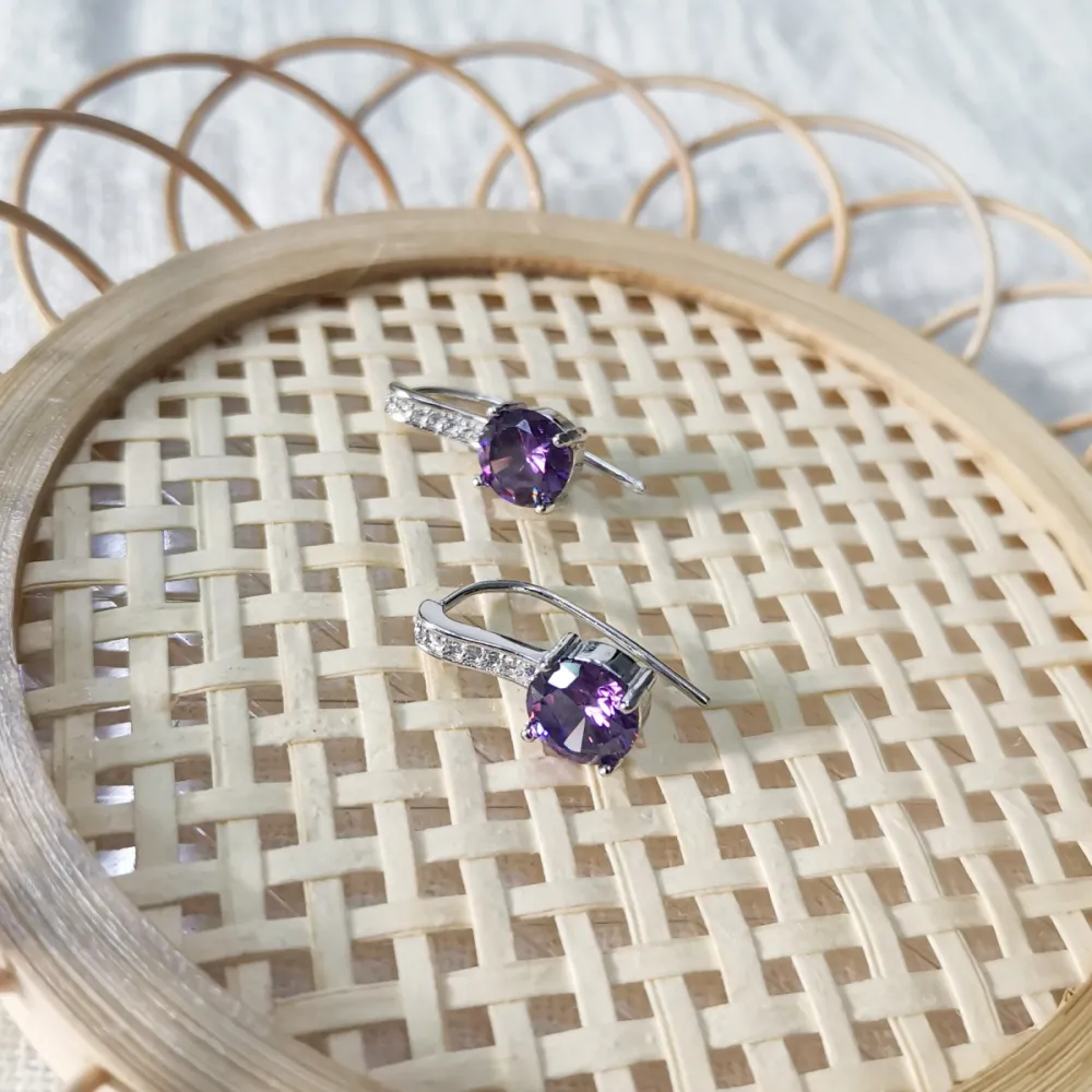 Sterling Silver Needle Ear Hook Diamond Four-claw Gem Purple Diamond