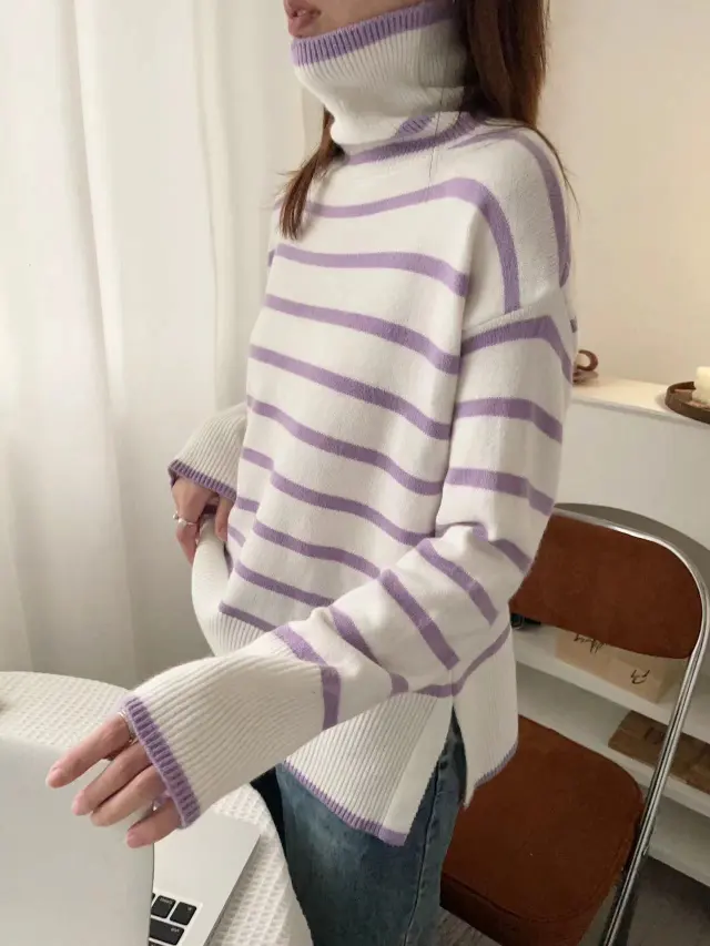 Women's Turtleneck Striped Sweater Loose Side Slit Purple - Shop at LoveMi