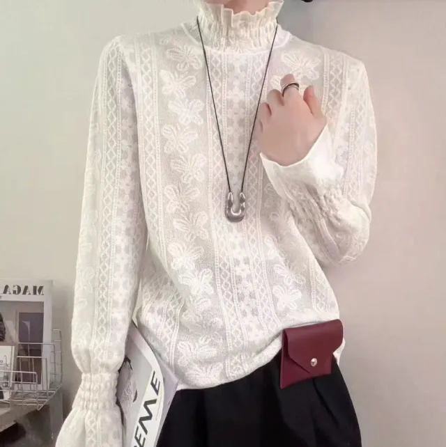 Women's Elegant Jacquard Lace Knit Long Sleeve Base Shirt White - Shop at LoveMi