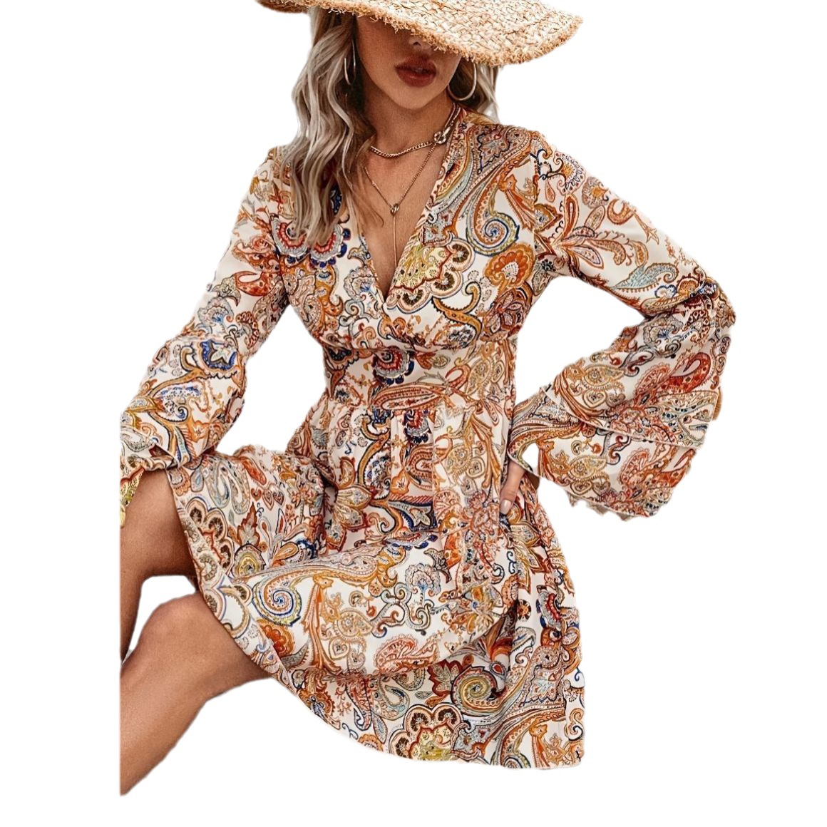 European And American Temperament High Waist Printed Elegant Dress