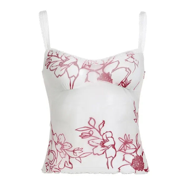 Women's Fashion Simple Mesh Plant Print Low cut Sling Vest Pink - Shop at LoveMi