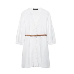Solid Color Hollow Embroidery Mini Dress - View 1