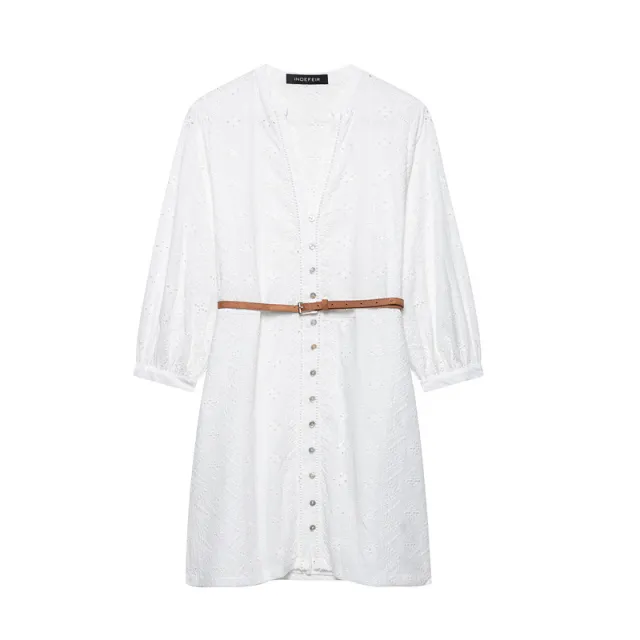 Solid Color Hollow Embroidery Mini Dress - Shop at LoveMi