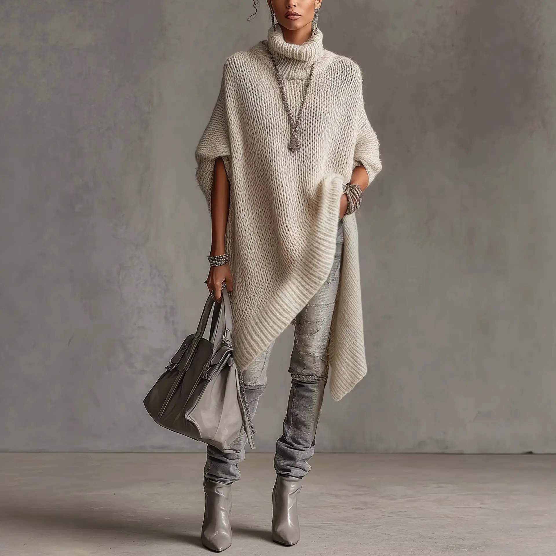 Knitted Turtleneck Hollow-out Design Casual And Laid-back