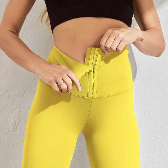 Women's Double Breasted High Waist Hip Lift Yoga Waist Girdling Belly Contraction Stretch Leggings Yellow - Shop at LoveMi