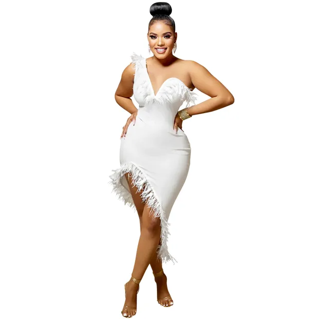 V neck Sleeveless Chest Feather Irregular Midi Dress White - Shop at LoveMi