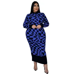 Women's Crew-Neck Plaid Printed Long-Sleeve Elegant Dress - Blue - View 1