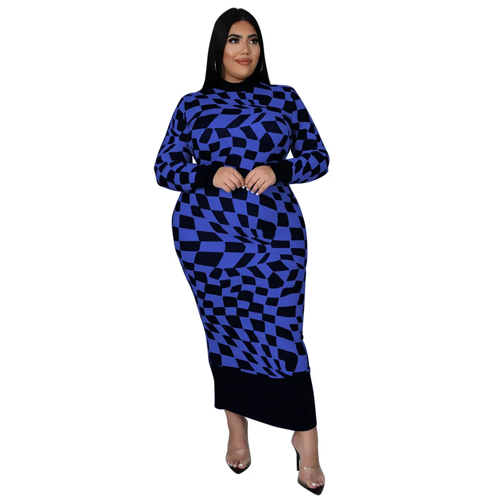 Women's Crew-Neck Plaid Printed Long-Sleeve Elegant Dress - Blue
