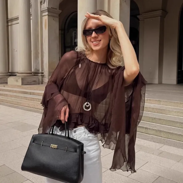 Top Sexy See through Loose Brown Women's Clothing Brown - Shop at LoveMi