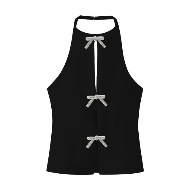 Bowknot Decoration Hanging Collar Top Black - Shop at LoveMi