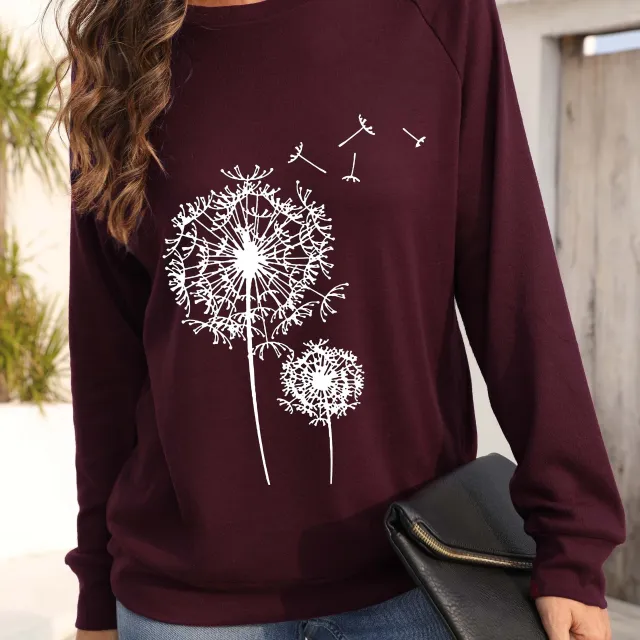 Dandelion Printed Long Sleeve Crew Neck Pullover Sweatshirt Wine - Shop at LoveMi