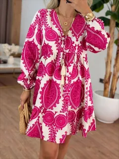 Women's Fashion Printed Long Sleeve Dress - Rose - View 1