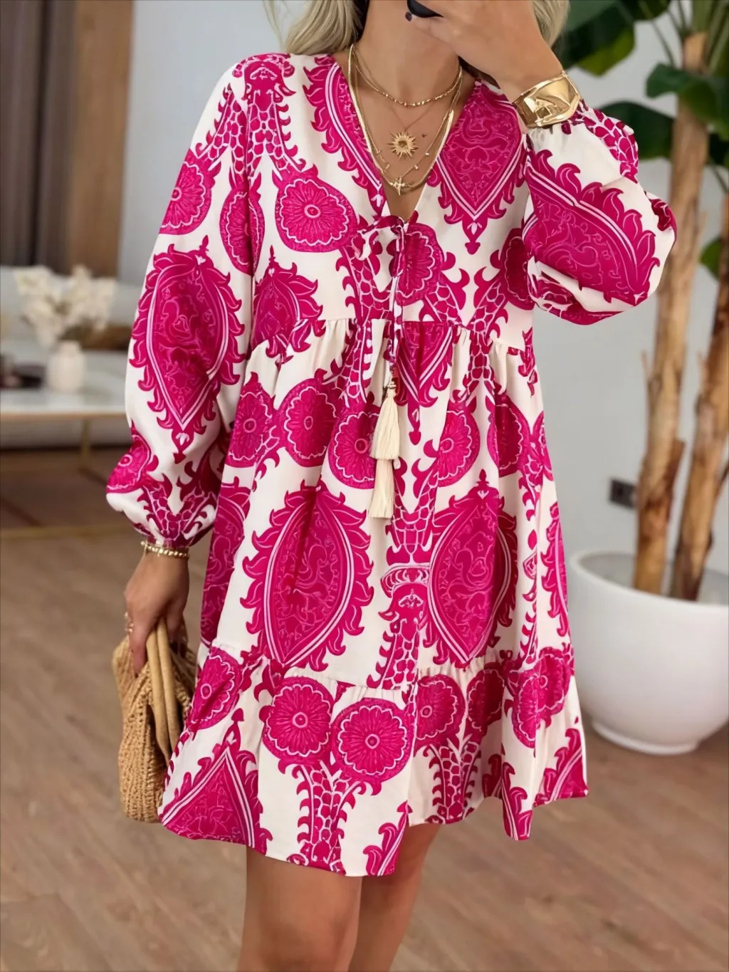 Women's Fashion Printed Long Sleeve Dress - Rose