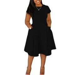Arrival Casual A-Line Midi Dress With Round Neck And Pockets Slim Fit - Black - View 1