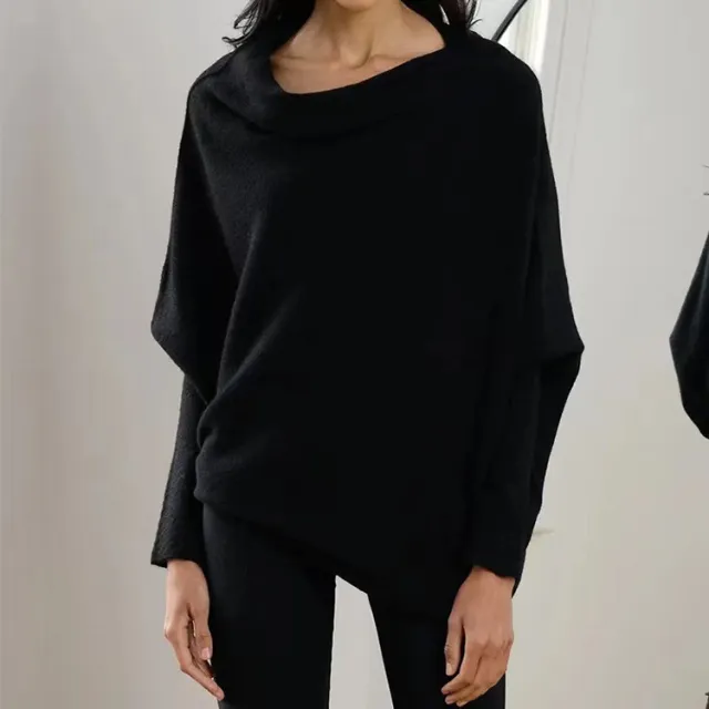 Solid Color Off neck Pullover Knitted Loose Sweater Black - Shop at LoveMi