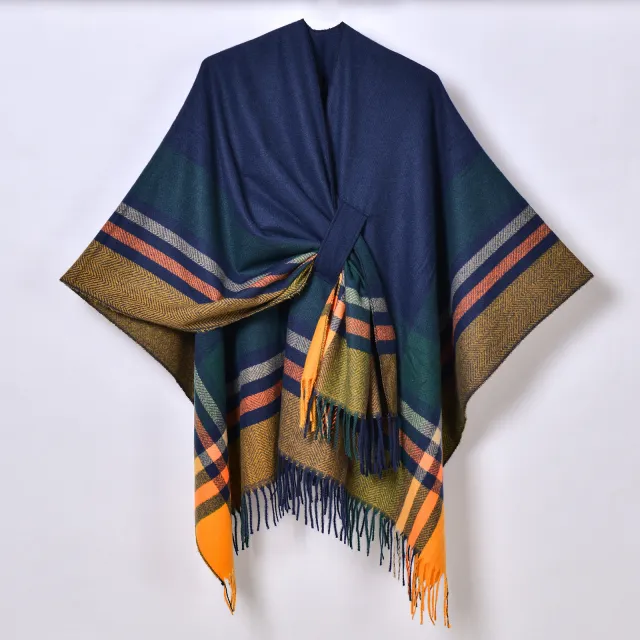 Tassel Split Shawl Simple Plaid Jacquard Scarf Navy Blue E - Shop at LoveMi