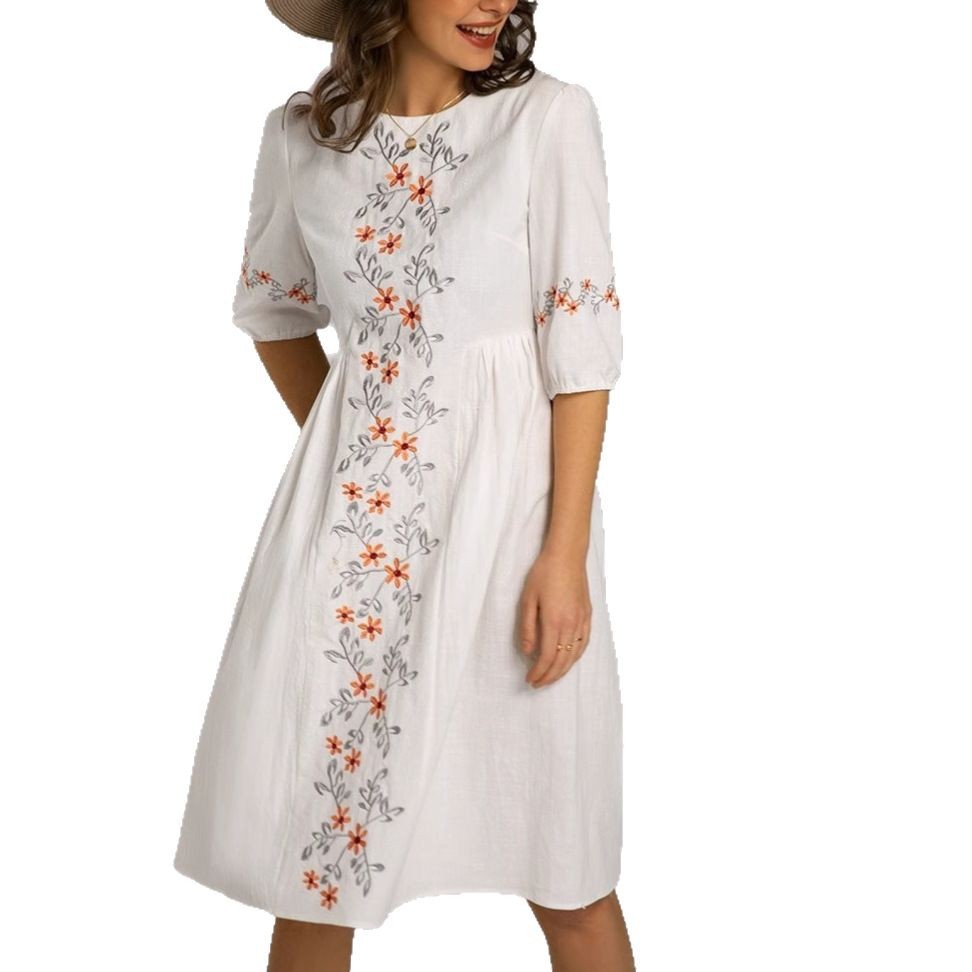 Ethnic Style Embroidered Slub Cotton Short Sleeve A- Line Dress