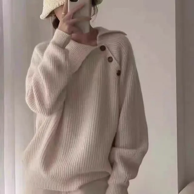 New Irregular Buckle Design Knitted Pullover Top Beige - Shop at LoveMi