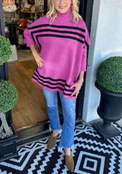 Women's Turtleneck Knitting Batwing Sleeve Striped Sweater - Red - View 1