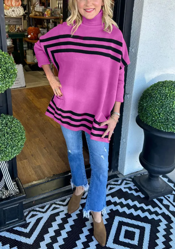 Women's Turtleneck Knitting Batwing Sleeve Striped Sweater Rose Red - Shop at LoveMi