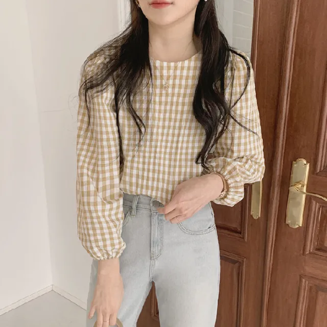 Plaid Women's Long sleeve Top Early Autumn Arrival Crew Neck Yellow - Shop at LoveMi