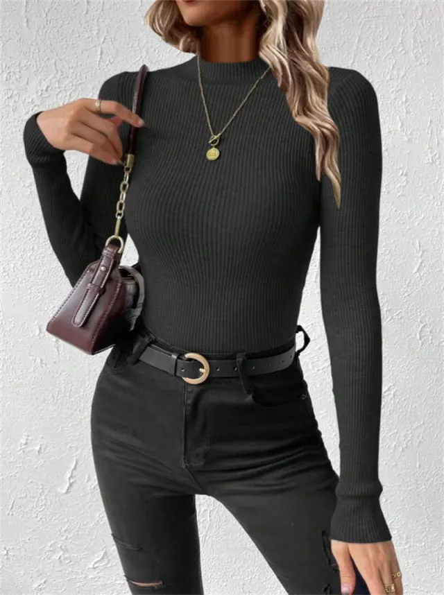 Women's Round Neck Mock Neck Sweater Knitted Pullover Black - Shop at LoveMi