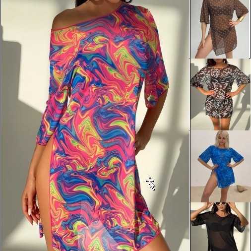 Beach-print Lace Top And Mesh Dress