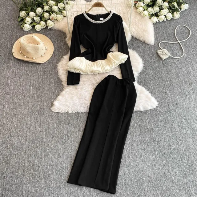 Autumn Clothes High grade Temperament Skirt Two piece Set Black - Shop at LoveMi