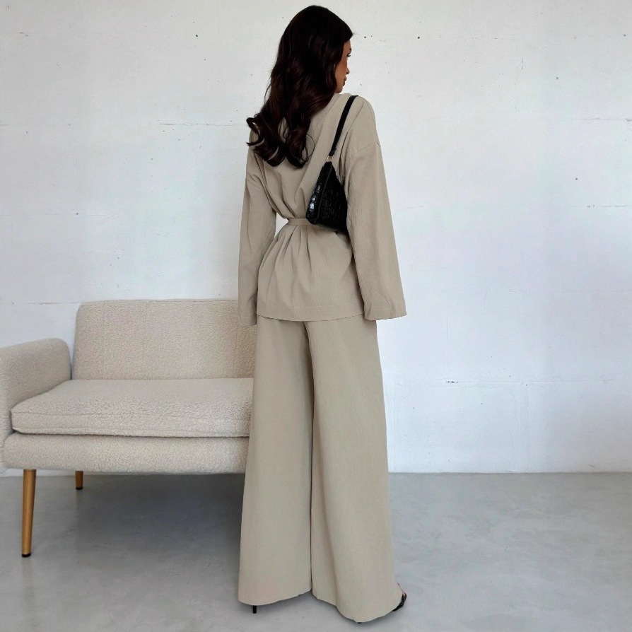 Women's V-Neck Long Sleeve Top and Wide Leg Pants Set - Elegant Two Piece Outfit for Fall Winter Casual Wear