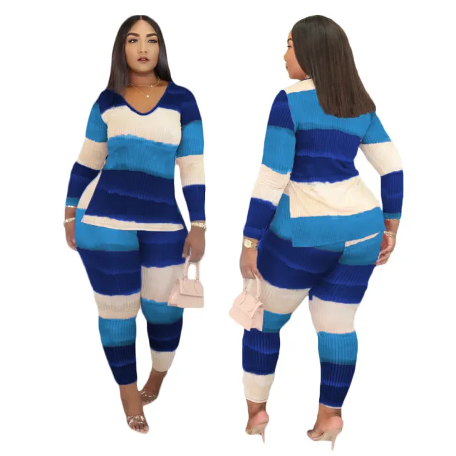 Sunken Stripe Digital Printing Suit Casual Two piece Suit Blue - Shop at LoveMi
