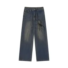 Retro High Street Niche Design Spider Printed Fashion Brand Washed Wide Leg Jeans - Blue - View 1