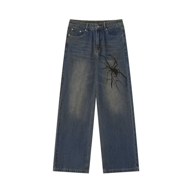 Retro High Street Niche Design Spider Printed Fashion Brand Washed Wide Leg Jeans Blue - Shop at LoveMi