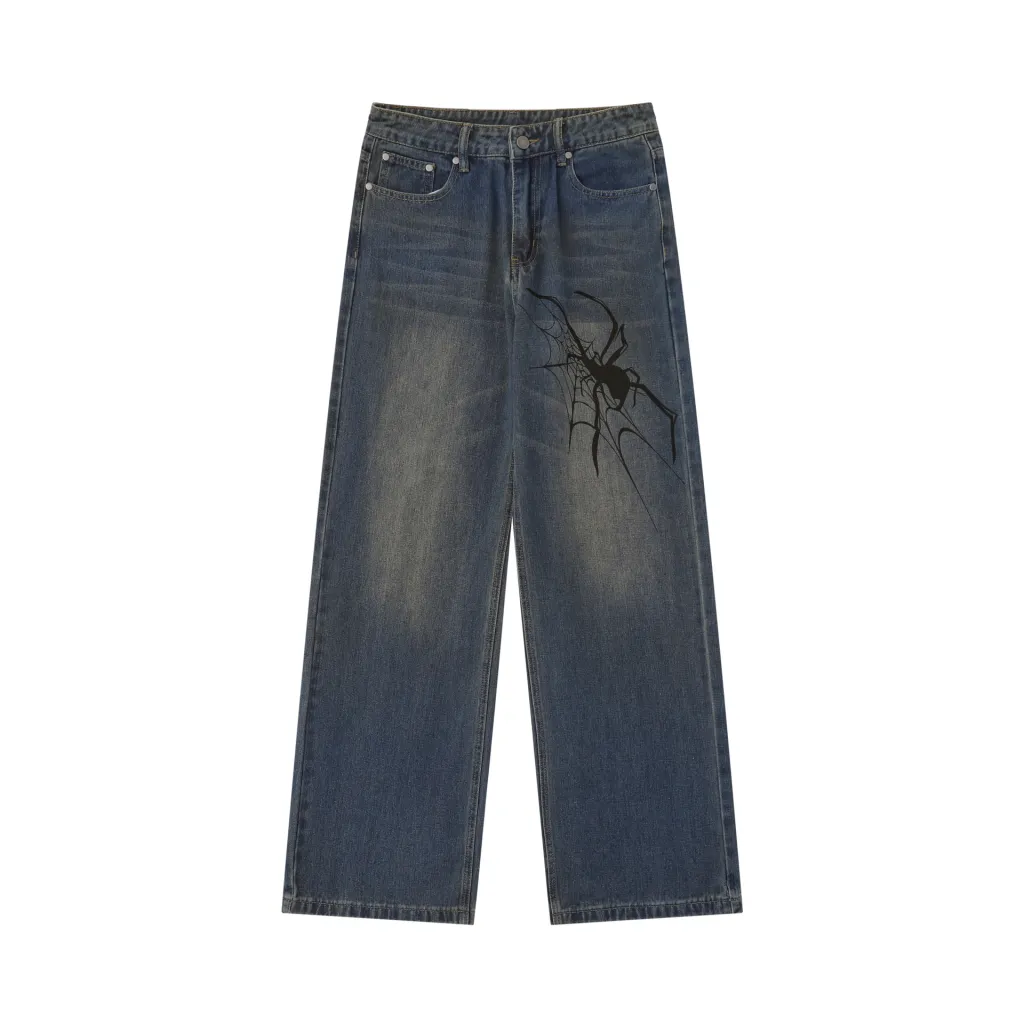 Retro High Street Niche Design Spider Printed Fashion Brand Washed Wide Leg Jeans - Blue