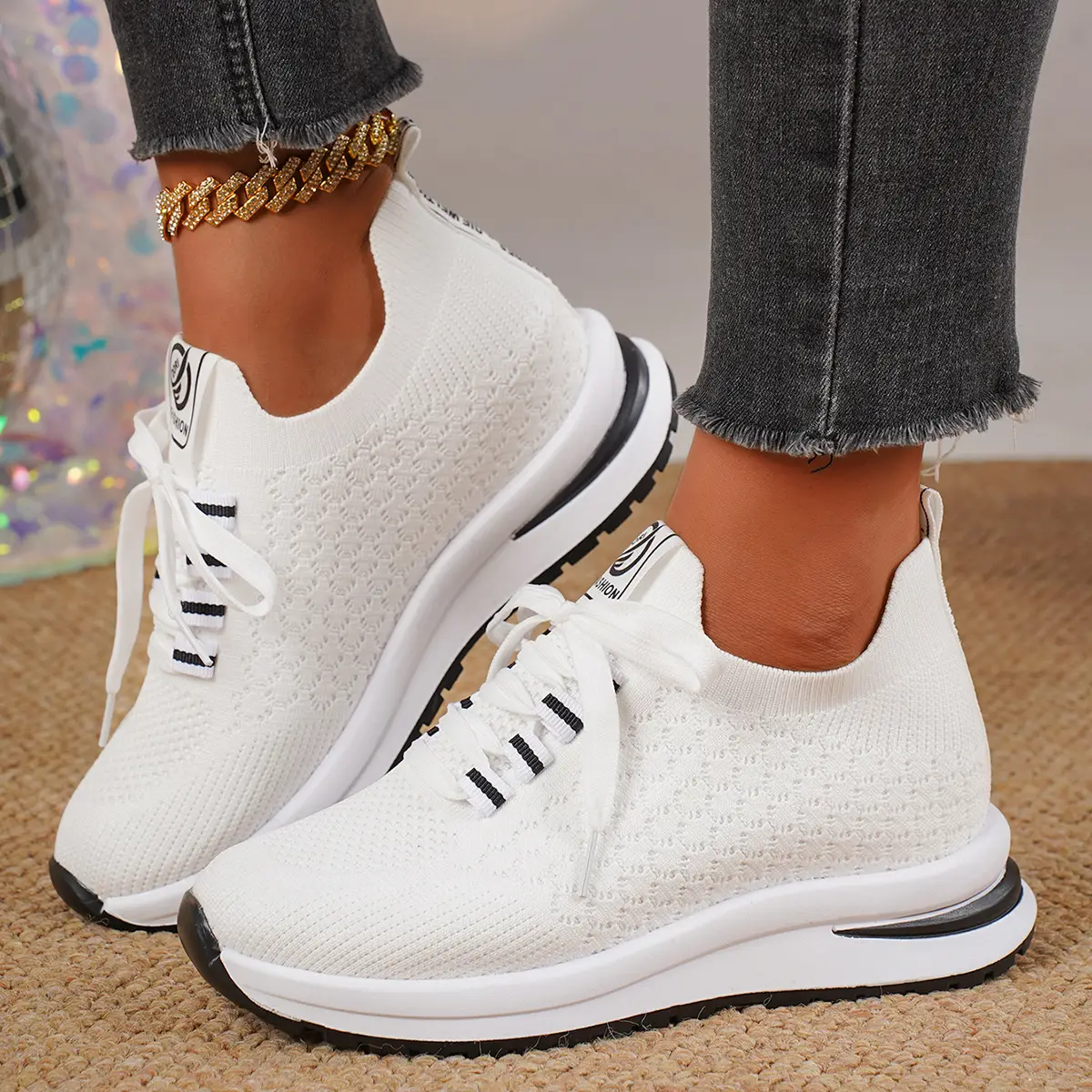 Plus Size Fashion Platform Flat Pumps Women's Casual Lace Up Mesh Sneaker