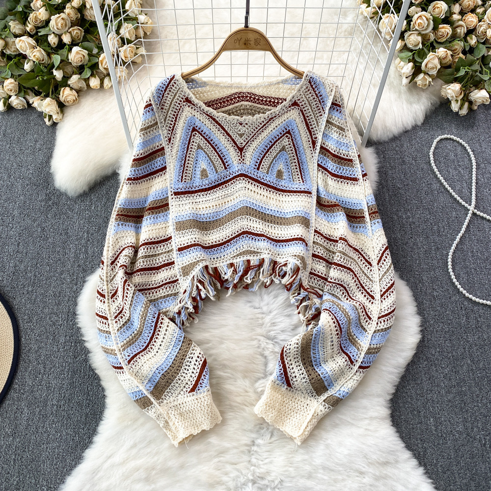 Short Tassel Cropped Thai Sweater Long Sleeve Blouse