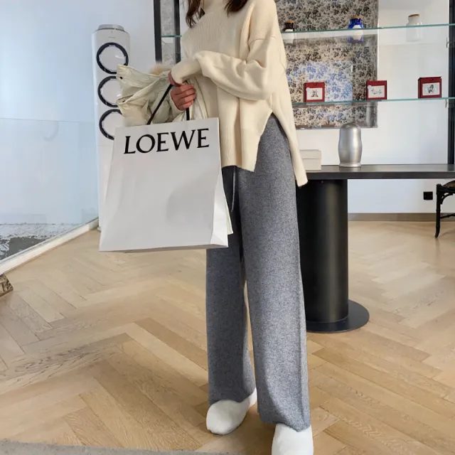 Women's Autumn And Winter Knitting Wide leg Pants High Waist Drooping Mopping Casual Linen Color - Shop at LoveMi