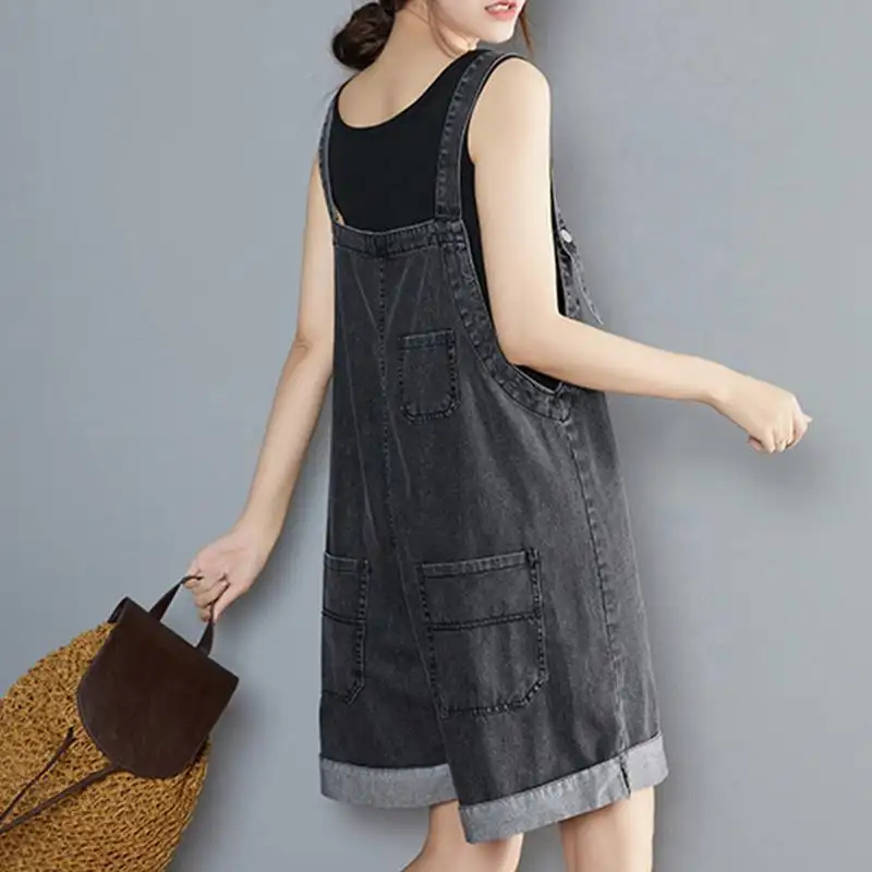 Womens Denim Overalls Summer Loose-Fit Korean-Style Cropped Pants