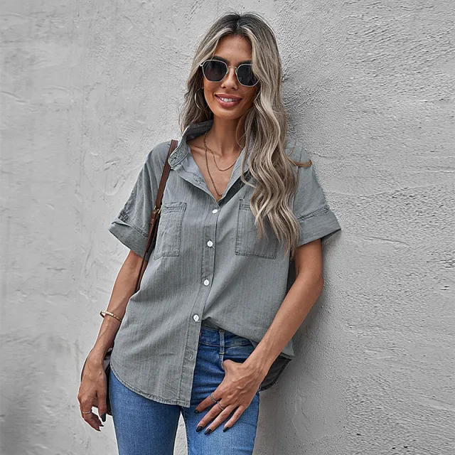 Casual All matching Lapel Solid Color Simple Shirt Lc255917 Black - Shop at LoveMi