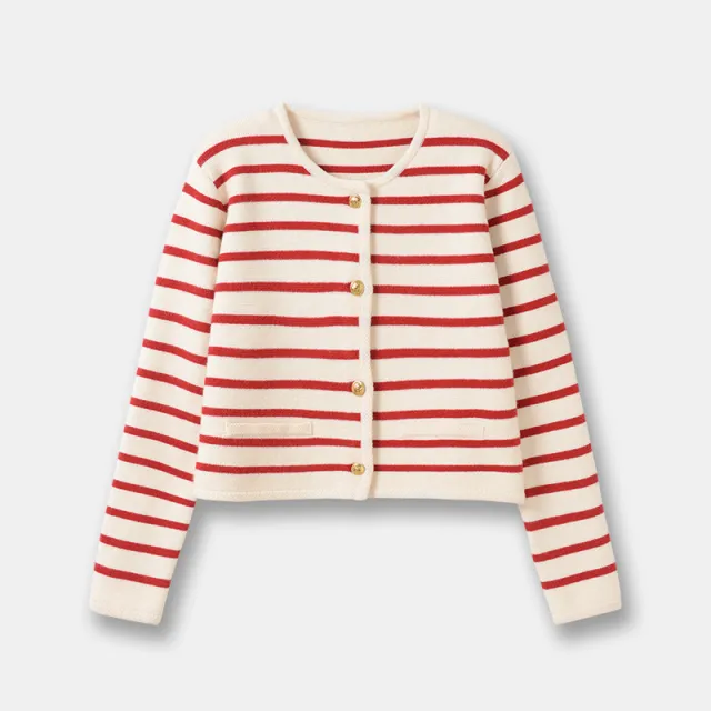 Women's Autumn And Winter New Round Neck Striped Knitted Cardigan Short Coat Red Stripes - Shop at LoveMi