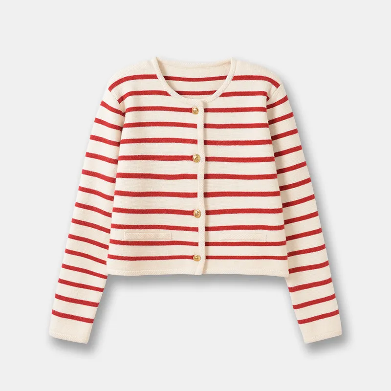 Women's Autumn And Winter New Round Neck Striped Knitted Cardigan Short Coat - Red Stripes