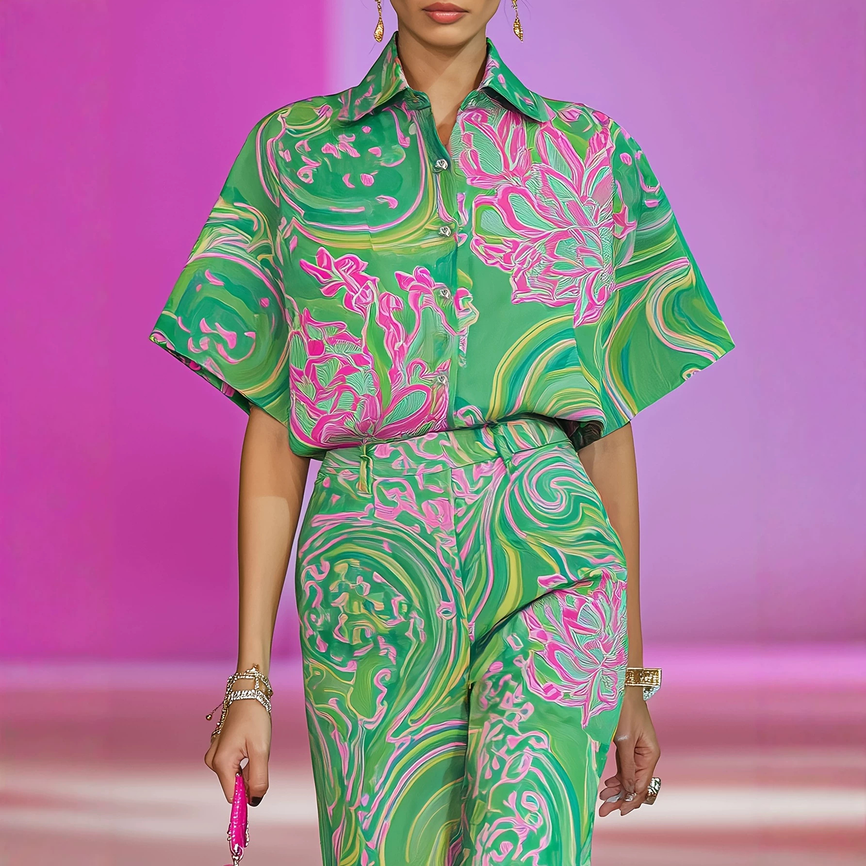 Casual Printed Lapel Short-sleeve Shirt And Straight-leg Trousers Set 2