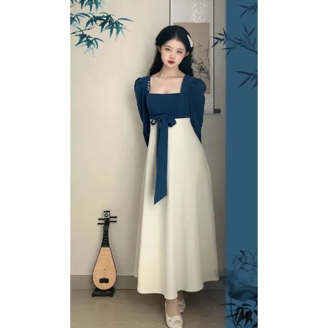 National Style New Spring And Autumn French Retro Elegant Slim Square Collar High Waist Skirt Blue - Shop at LoveMi