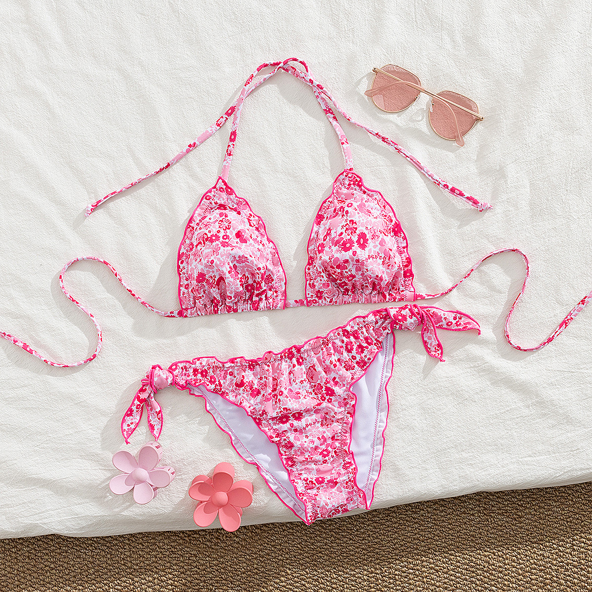 Floral-print Three-piece Tied Bikini Split Swimsuit