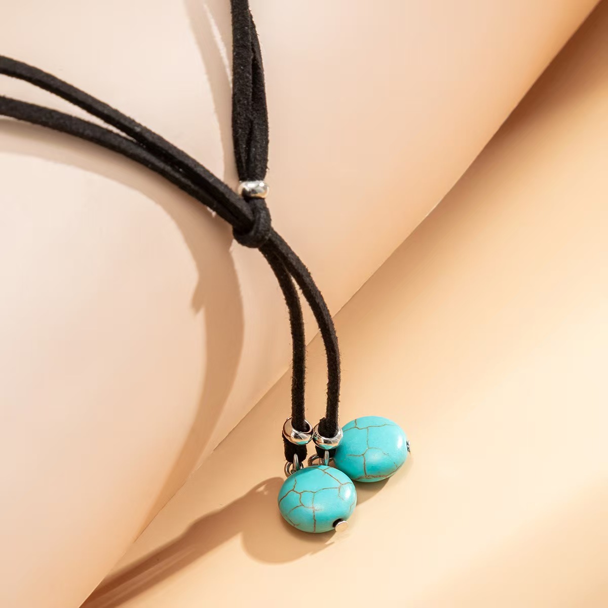 Black Rope And Turquoise Pendant Necklace With Drawstring For Women