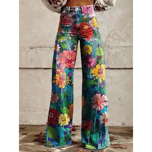 Fashion Women's Printed High Waist Loose Thin Imitation Denim Wide Leg Pants Style3 Xl - Shop at LoveMi