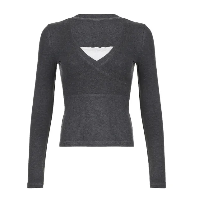 Women's V neck Lace Stitching T shirt Knitted Top Gray - Shop at LoveMi
