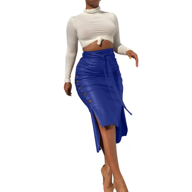 European And American Women's Clothing Sexy Slit Mid length Slim fit Lace Up Skirt Blue - Shop at LoveMi