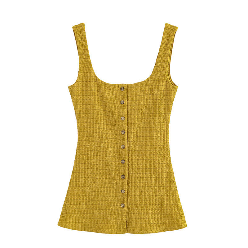 Button Decoration Square Collar Wide Shoulder Strap Sleeveless Top Texture Mid Waist Bell-bottom Pants
